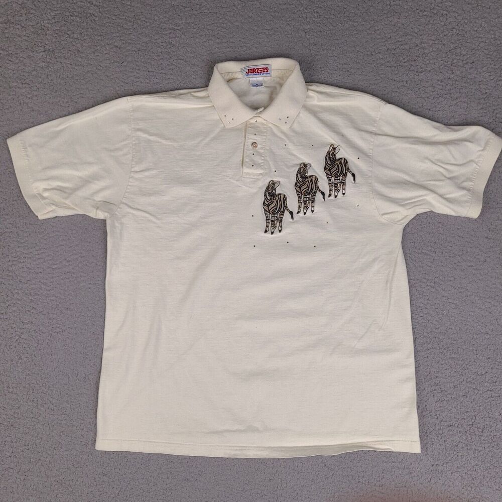 Vintage JERZEES Polo Shirt Womens Medium Beige Zebras Animal Bling USA Made